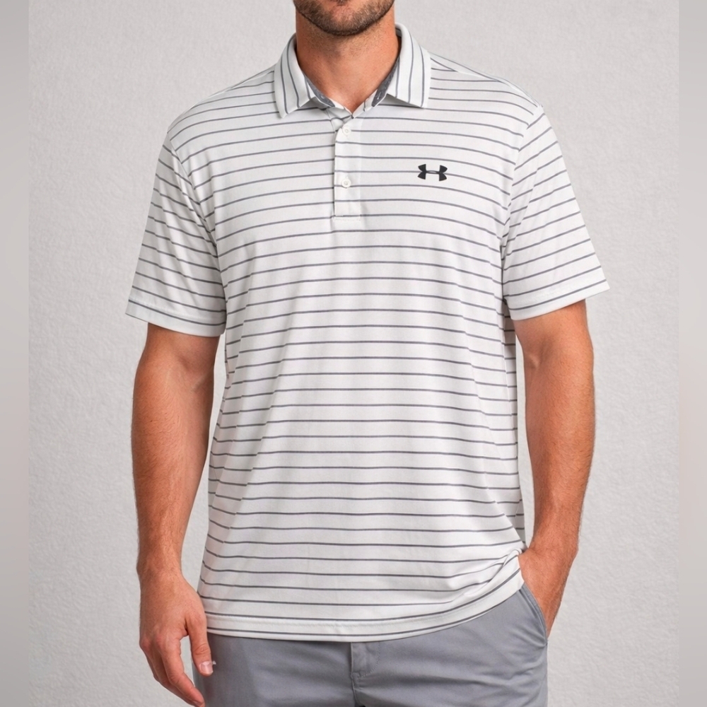 Men’s XL Under Armour Playoff Polo Gray Stripe Performance Golf Shirt